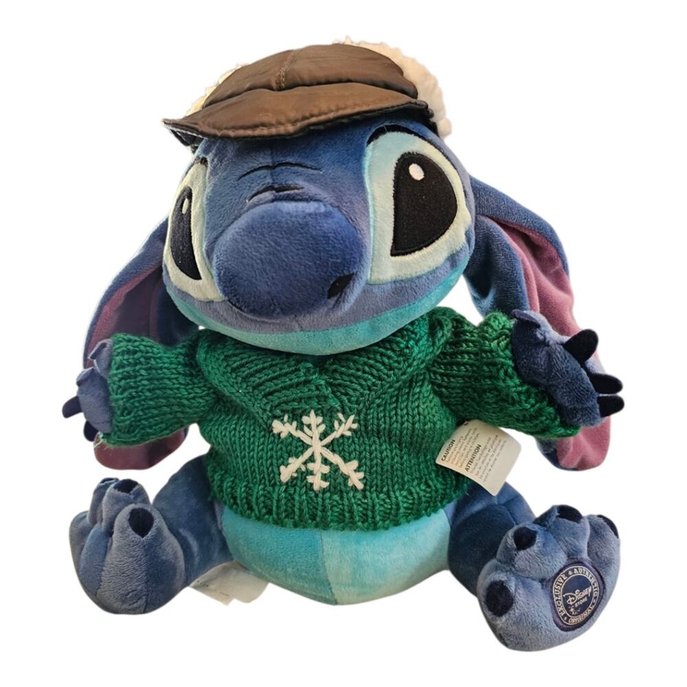 Disney Store Exclusively Stich In Green Sweater & Snowflake Fur Cap Plush Toy
